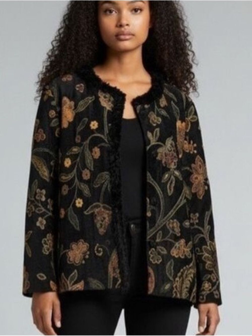 Upcycled Boho Chic Tapestry Floral Velvet Plush Trim Vintage Reworked Jacket